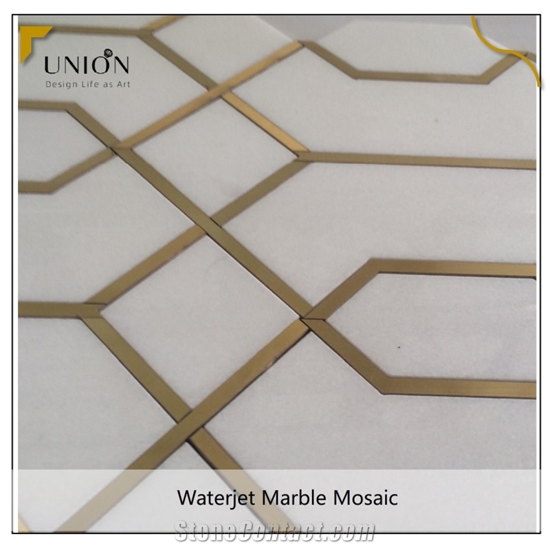 Marble Mosaic with Brass Inlay Tile White Waterjet Designs 